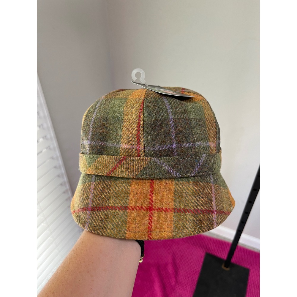 Mucros Weavers Killarney Ireland 100% Wool Flapper Hat Green Orange Plaid Tweed